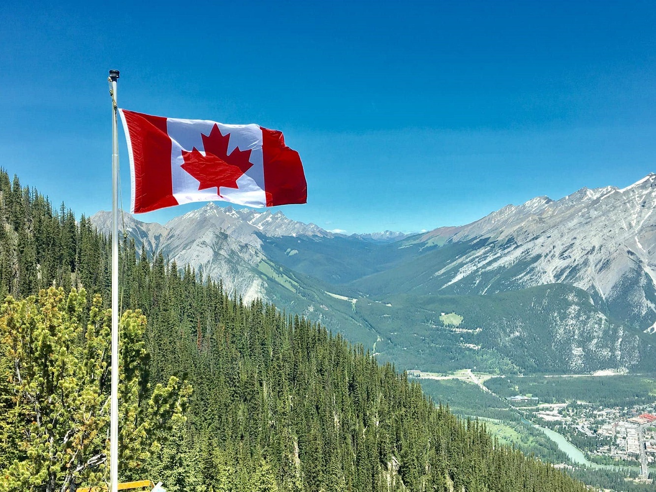 Canadian flag and mountains