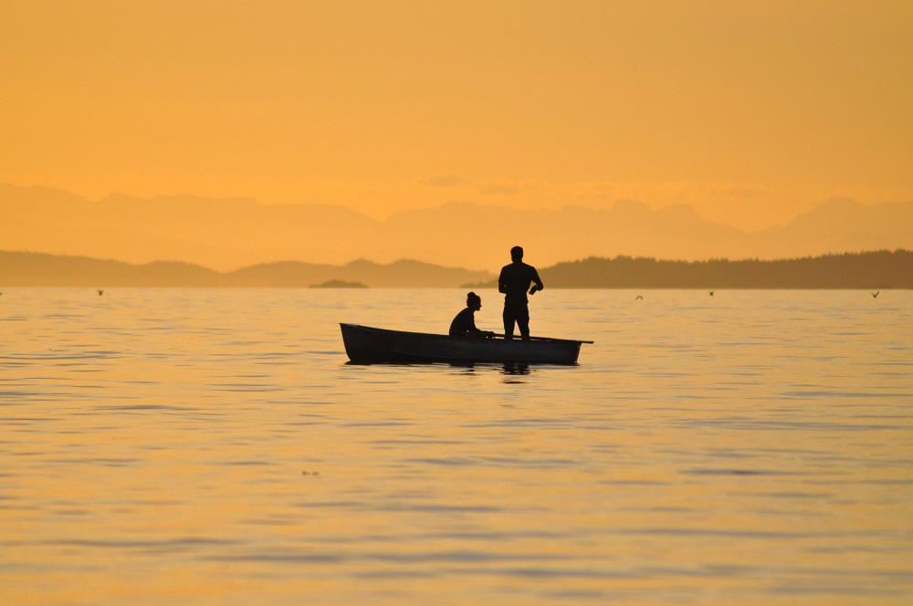 silhouette of people in a row boat on a lake